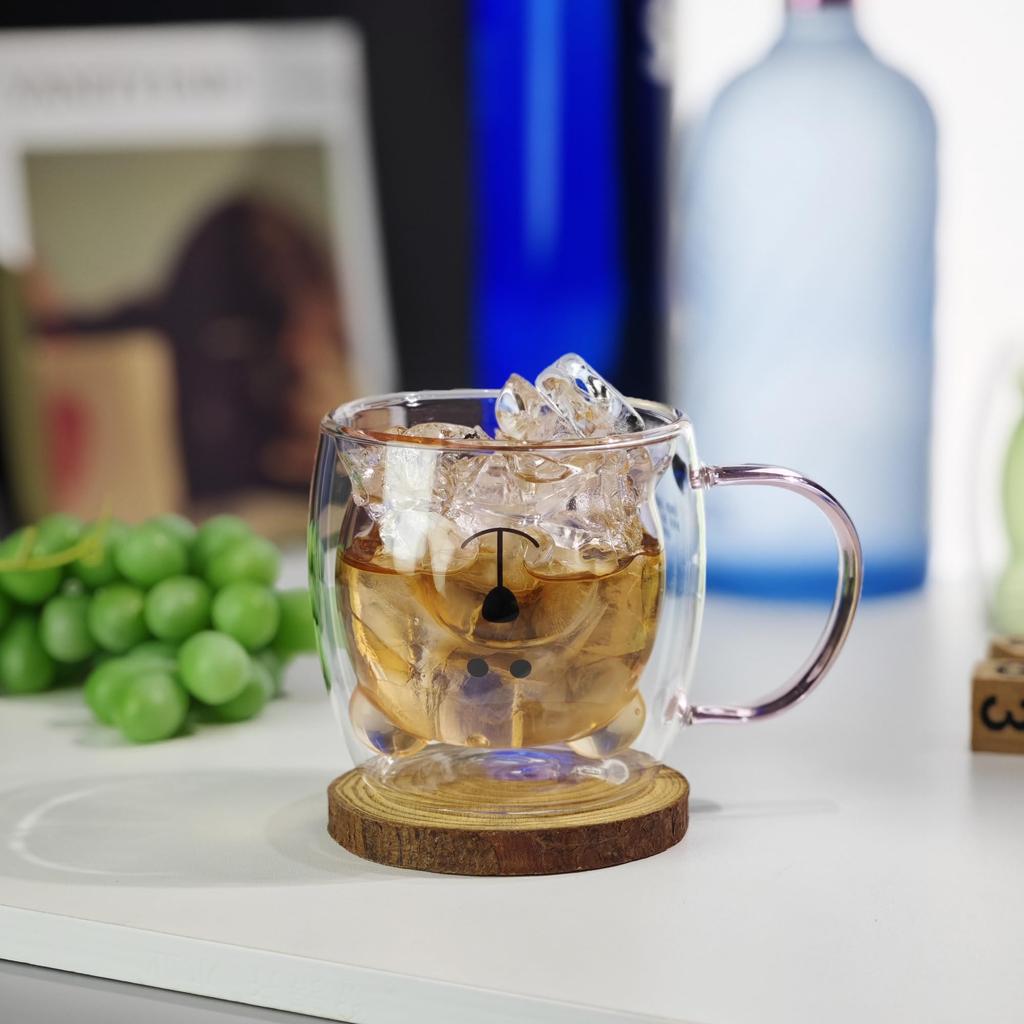 Nishida Glass Bear Cup Cup Set Cute Glass with Insulates Hot and Cold and Bear Mug Mug Double-Walled Heat-Resistant & (250ml) Double-Walled