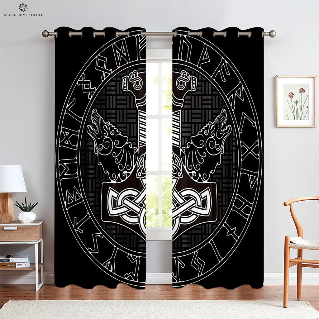 Шторы с геометрическим рисунком рунического щита и созвездия, черные шторы, для гостиной, на открытом воздухе, для спальни, кухни, для окна, 2 шт.