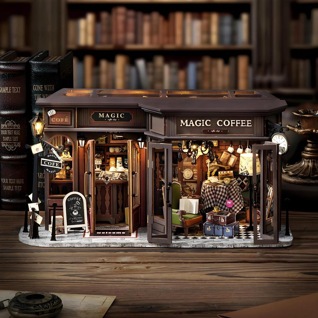 Spilay DIY Wooden Miniature Dollhouse Kit with Scale Mini Dustproof Cover Creative Gift for Lovers Coffee Ages Furniture, 124 House, & LED, Women,