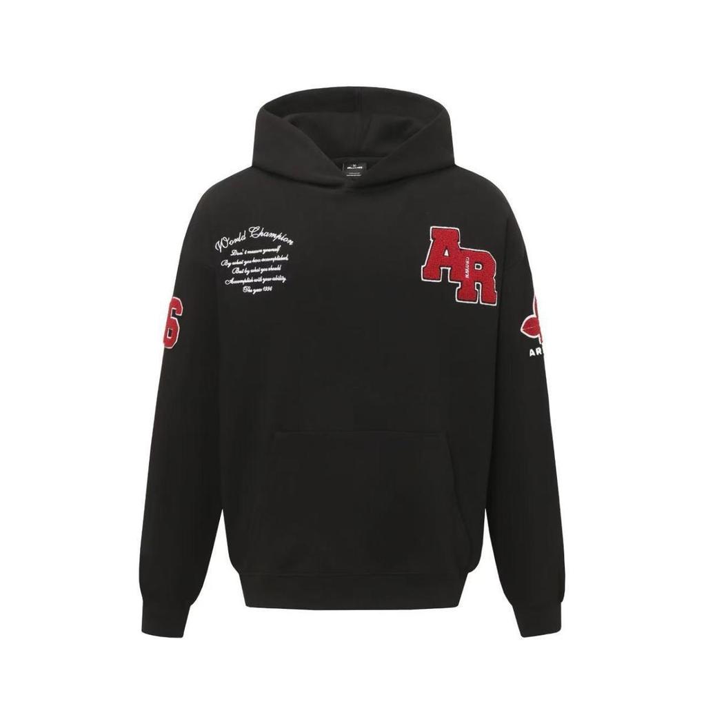 Unisex Guochao Heavyweight AR Embroidery Hoodie with Stand-Up Collar, Velvet Lined, Loose Fit, Autumn/Winter Style.