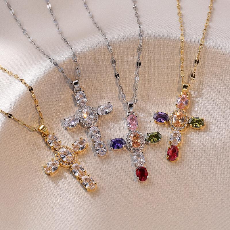 Multicolor Zircon Cross Pendant Necklace for Women Fashion Gold Color Stainless Steel Zircon Necklaces Party Jewelry Accessories
