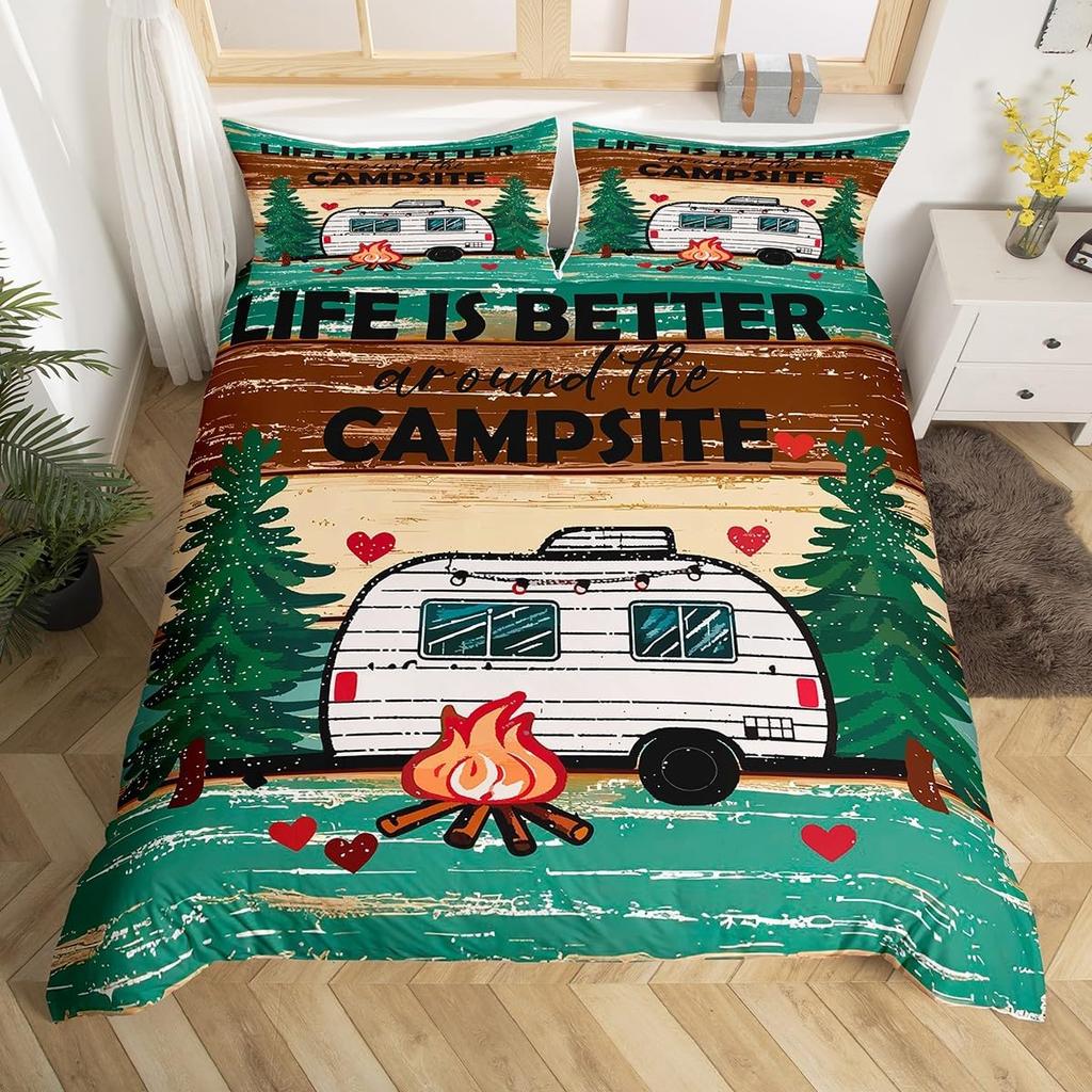 Comforter Happy Camping Queen Full Twin King Camper Theme Comforter With 2 Rustic Farmhouse Style Bedding Set