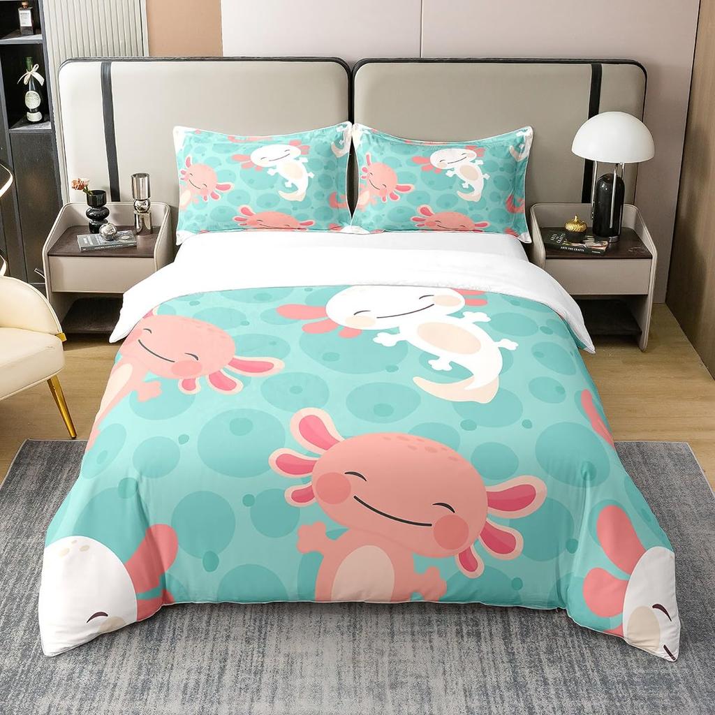 Cartoon Axolotl Bedding Set Twin Full Size Cute Ocean Animal Duvet Cover with 2 Pillow Sham Pink Comforter Cover Set Decorative