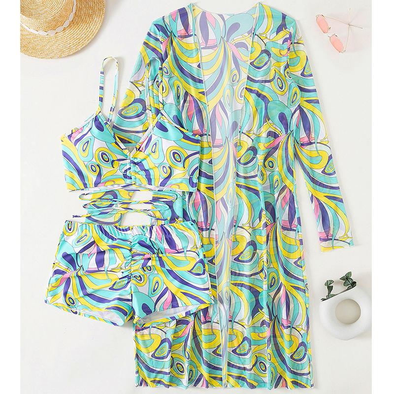 Women Swimsuit High Waist Bikini Set Three Pieces Women Sexy Long Sleeve Cover Up Swimsuit Beach Bathing Suits Swimwear