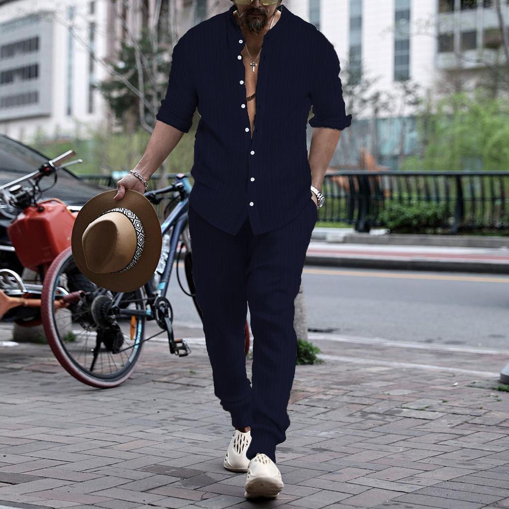 Весенне-осенний мужской повседневный костюм из двух частей в полоску, однотонный, с воротником-стойкой, длинными рукавами, топом и брюками