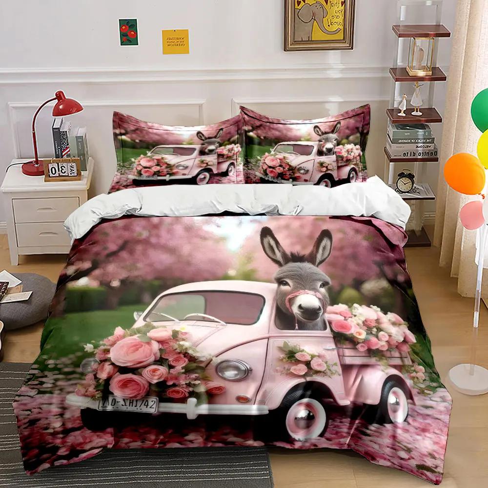 "Spring Floral Donkey Decor Set" Soft Comfortable Duvet Cover Bedding Set Included 1*Duvet Cover & 2*Pillowcases, gift