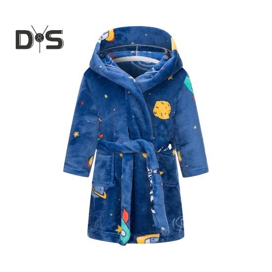 Фланелевый халат с капюшоном и завязкой на талии для девочек, мягкий пушистый банный халат для детей, теплый банный халат с принтом, капюшоном и карманами