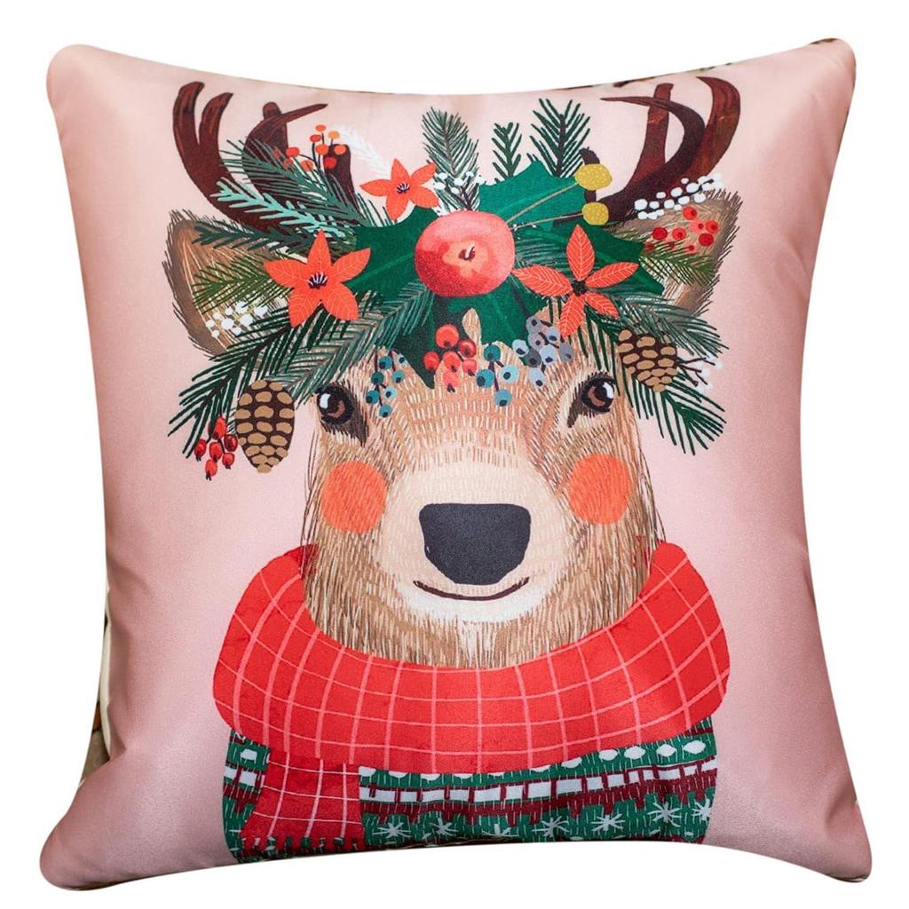 Decorative Merry Christmas Satin Cushion Cover 20 Inch x 20 Inch Set of 5, 20X20 Cushion Cover, Cute Festive Animal