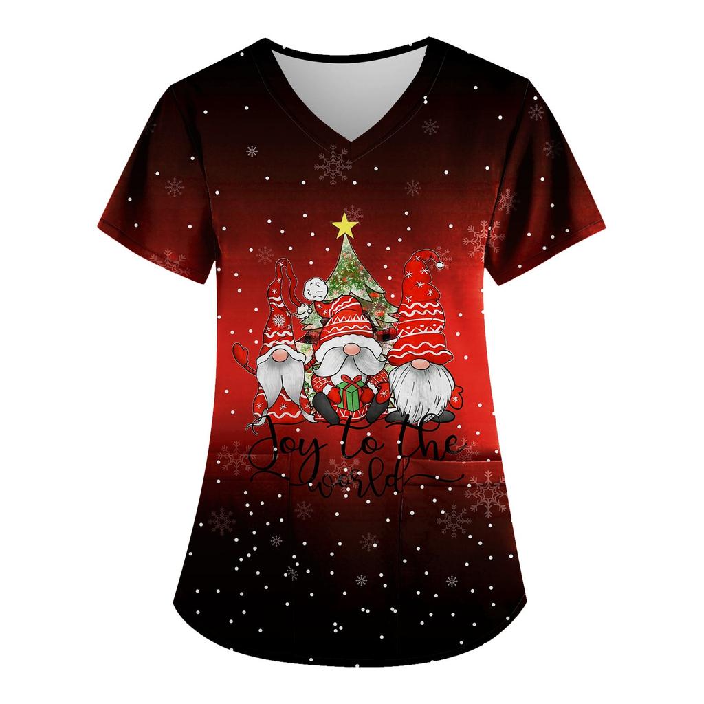 Women's Fashion V-neck Short Sleeve Workwear With Pockets Christmas Printed Tops