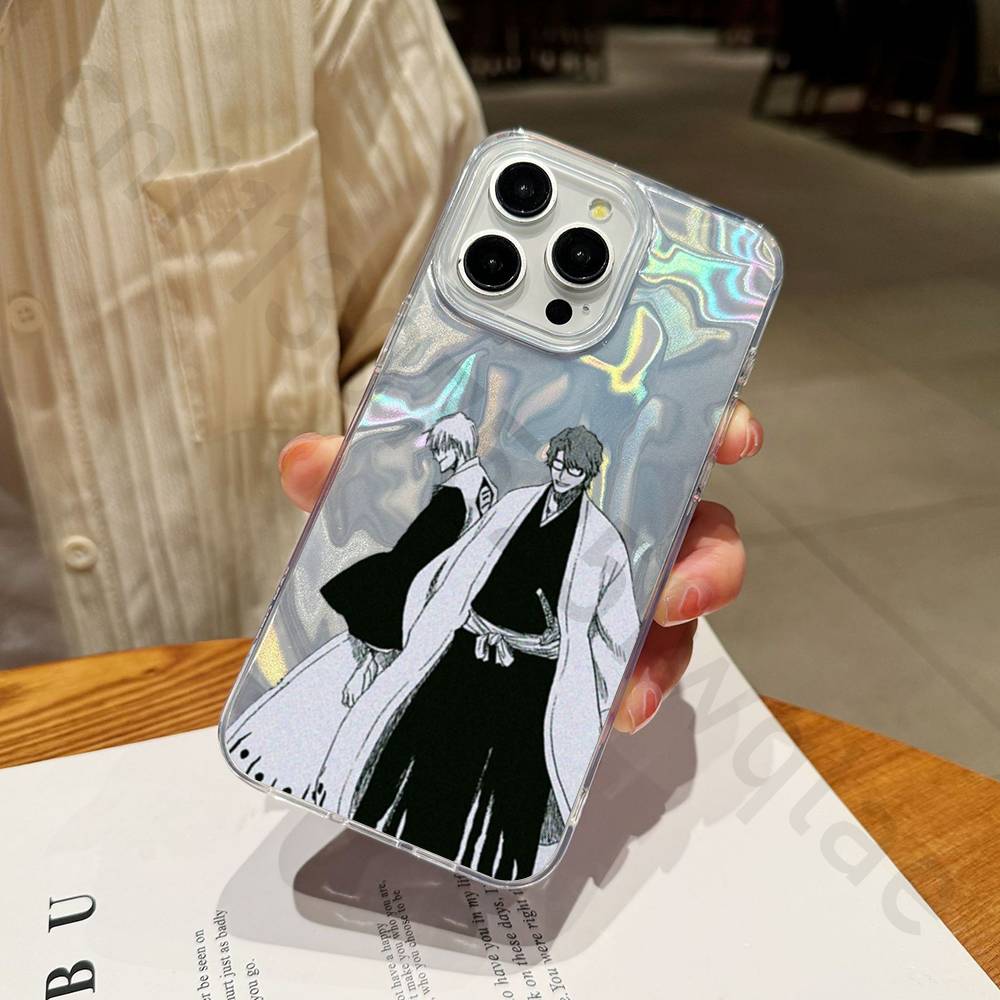 Anime A-Aizen S-Sousuke Phone Case For iPhone 17 16 15 13 14 Pro Max 11 12 Plus Luxury Laser Silver Gradient Silicone Cover
