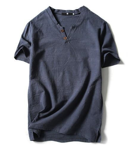 Mens Japanese Solid Linen Cotton Plus Size Short Sleeve Two Button Tshirt