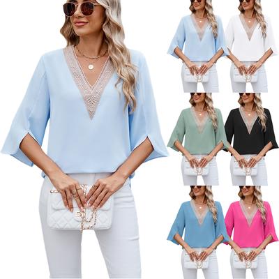 Весна и лето Новые однотонные женские топы из шифона с V-образным вырезом и рукавом средней длины