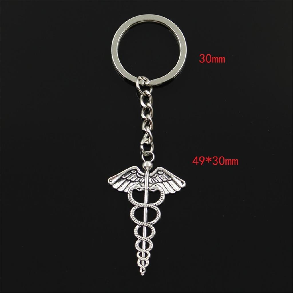 New Fashion Men 30mm Keychain DIY Metal Holder Chain Vintage Caduceus Medicine Symbol 49x30mm Silver Color Pendant Gift