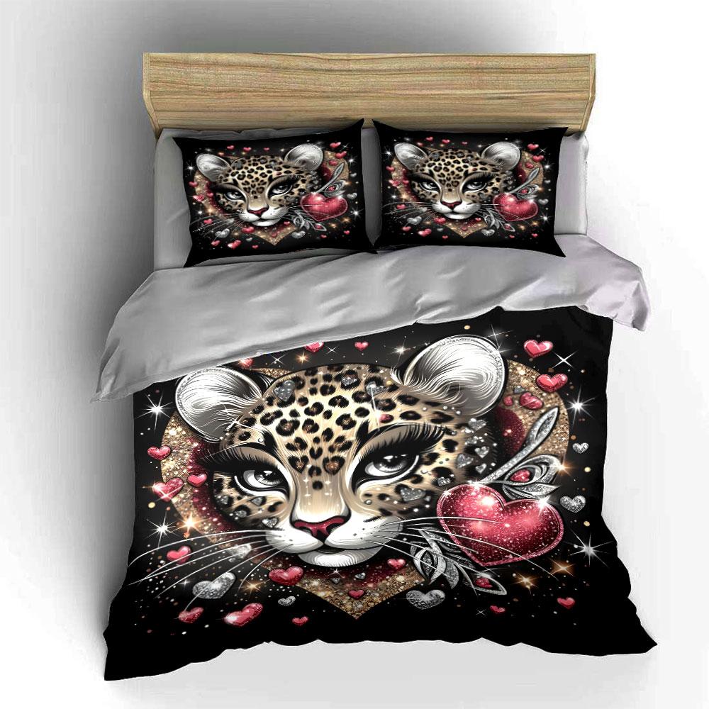 Gorgeous Leopard Head Heart Bedding Set for Kids Luxury Gift 3pcs Digital Print Comforter Set Soft Comfortable Breathable