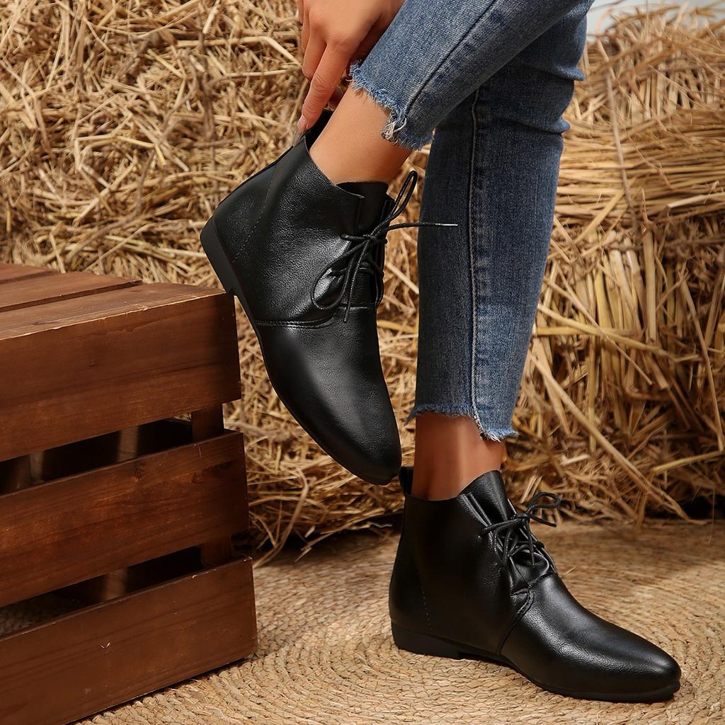 Модные женские ботильоны однотонные кожаные 2026 осенняя мода острый носок шнуровка плоская подошва ботинки для женщин повседневные ретро швейные туфли