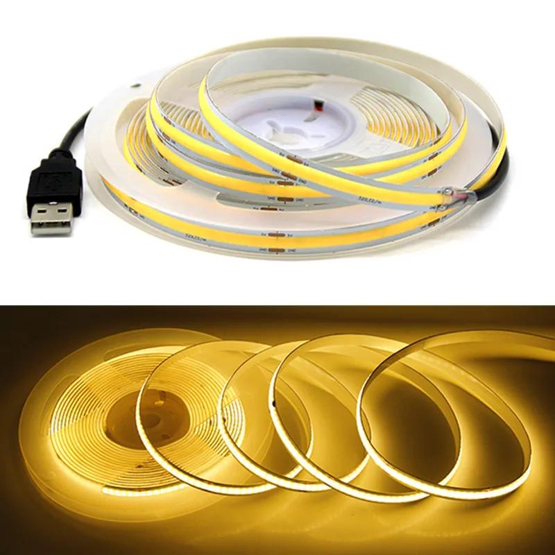 USB COB лента DC5V 320Leds/M Белый/Красный/Желтый Светильник для шкафа Подсветка телевизора Гибкая светодиодная лента для освещения Домашний декор Лампа