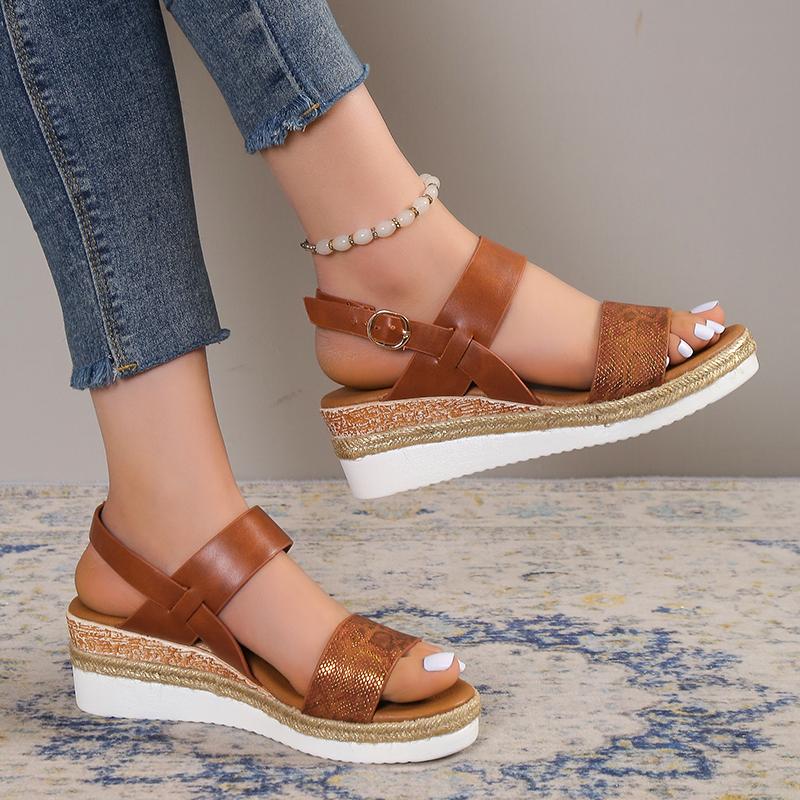 Модные летние босоножки на танкетке для женщин, сандалии на платформе с пряжкой, римские босоножки, женские с открытым носком, толстая подошва, нескользящие босоножки, большие размеры 36-43