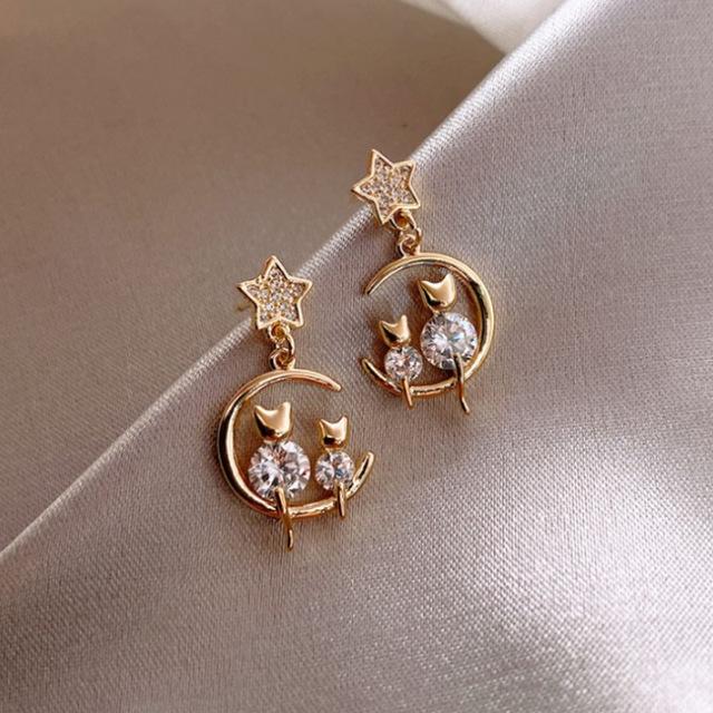 Модные серьги-гвоздики с милым хрусталем и кошкой для женщин, модные круглые серьги с изображением луны и планеты, украшения для девушек