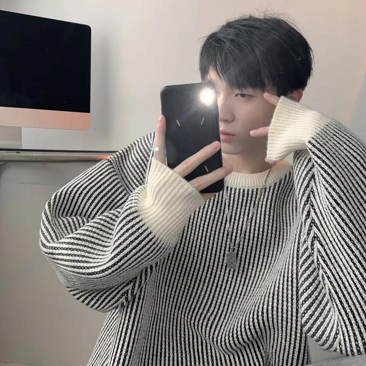 Striped Round Neck Sweater Men's Autumn and Winter Thick Sweater Loose Warm and Comfortable