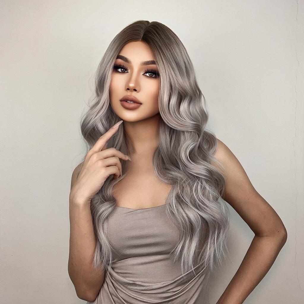Длинные волнистые серые синтетические парики с эффектом омбре, средняя часть для женщин, платиновые парики для косплея, термостойкие волокна, парики