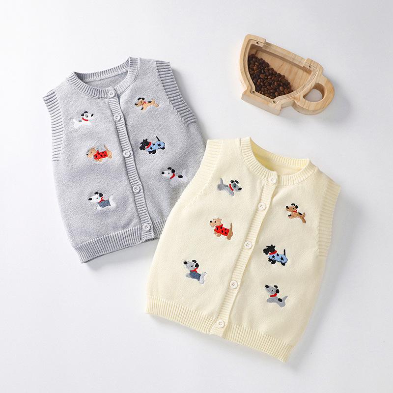 Детский осенне-зимний вязаный кардиган-жилет с щенком - Унисекс, без рукавов, однотонный, хлопковый свитер-шаль