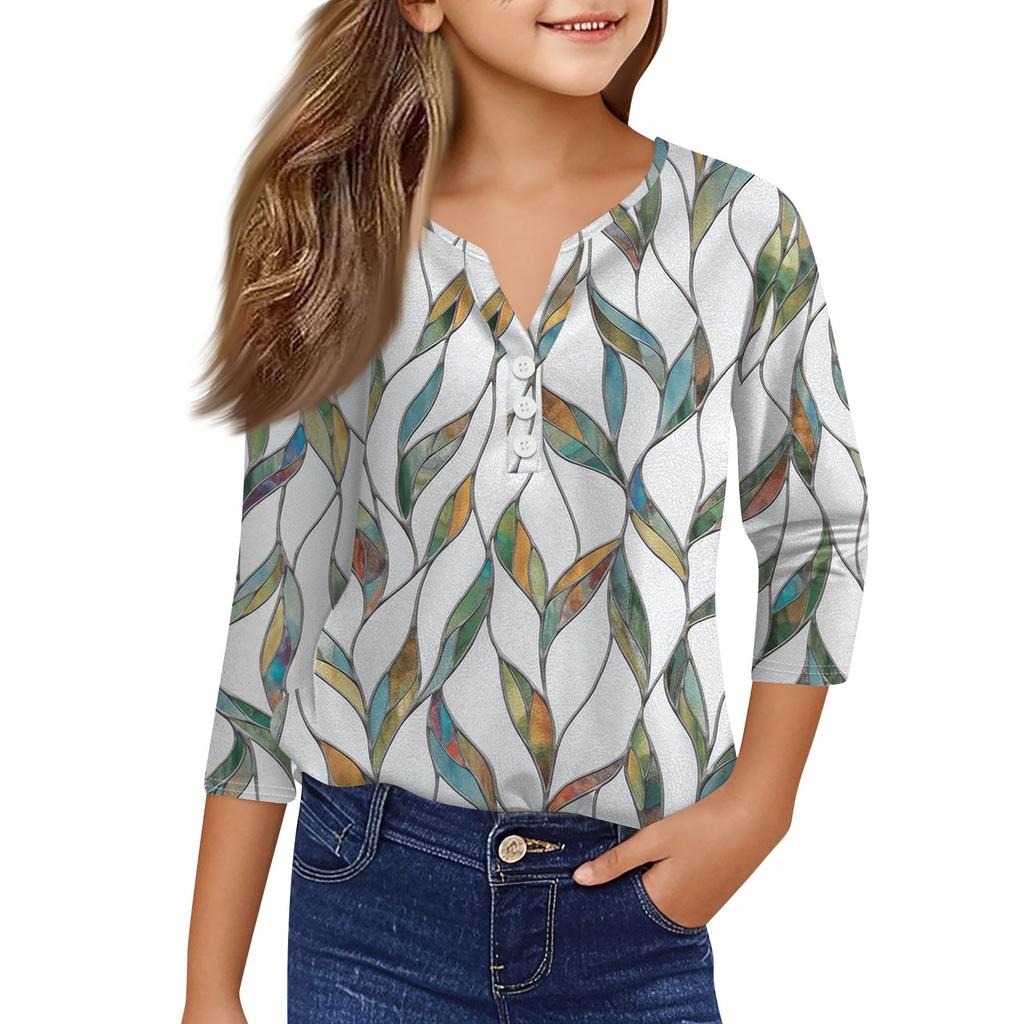 Повседневные модные топы для девочек с принтом, футболка с семью рукавами и пуговицами