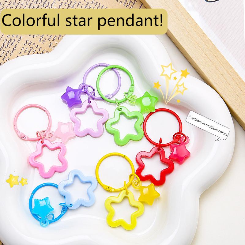 Metal Open Ring Keyrings Colorful Resin Five-Pointed Star Bell Pendant Keychain For Women Girl Car Hanging Trinket Key Holder