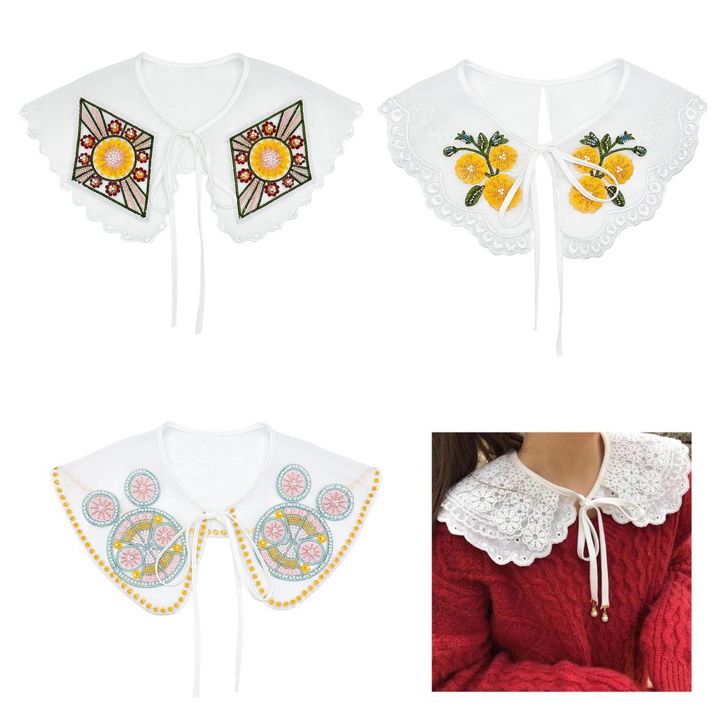 Women Colorful Embroidered Beaded Fake Collar Detachable Blouses Top Collar Elegant Lace-Up Shawl Wrap Clothes Accessory