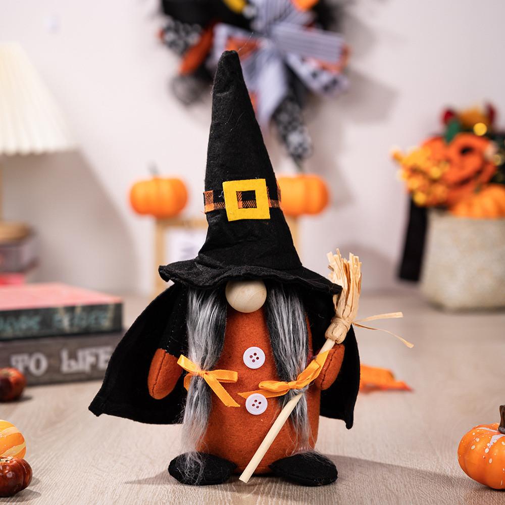 New Halloween Decoration Holding Pumpkins Brooms Pointed Hat Witch Home Halloween Faceless Doll Dwarf Ornaments