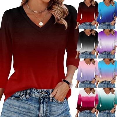 Женская футболка с принтом, рукав 3/4, повседневная мода на выходные, базовый топ с V-образным вырезом