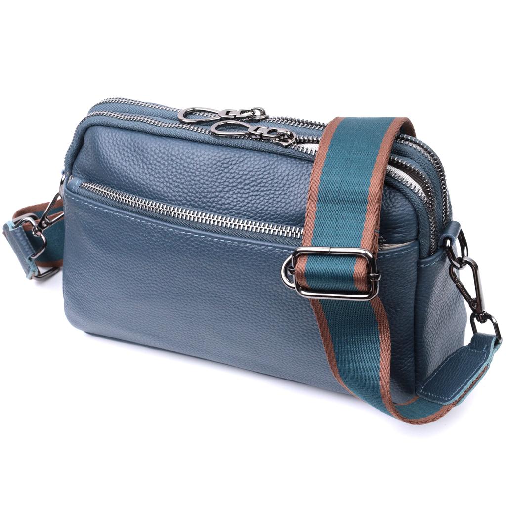 Stylish Women's Bag with Pockets Made of Genuine Leather Vintage 22600 Blue