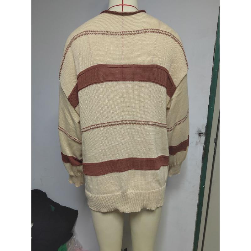 Плюс Размер Нижняя Рубашка Длинный Рукав Трикотаж Женский Осенний Полосатый Пуловер V-образный Вырез Полосатый Свитер