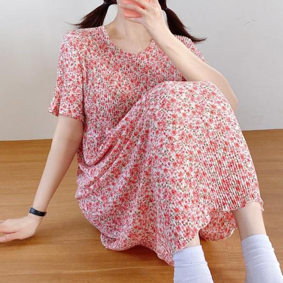 Summer Women Dress Small Flower Print Crew Neck Loose Short Sleeves Pleated Mid-calf Length Pullover Shopping Midi Dress