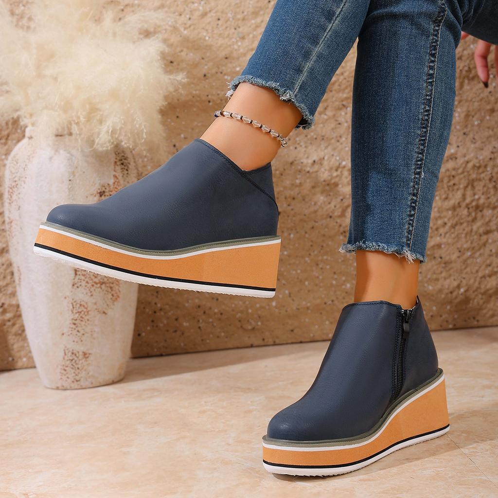 Женские ботинки на танкетке, женские ботильоны в стиле ретро, модные ботинки на платформе с круглым носком, удобные кожаные туфли на молнии для женщин на каблуке