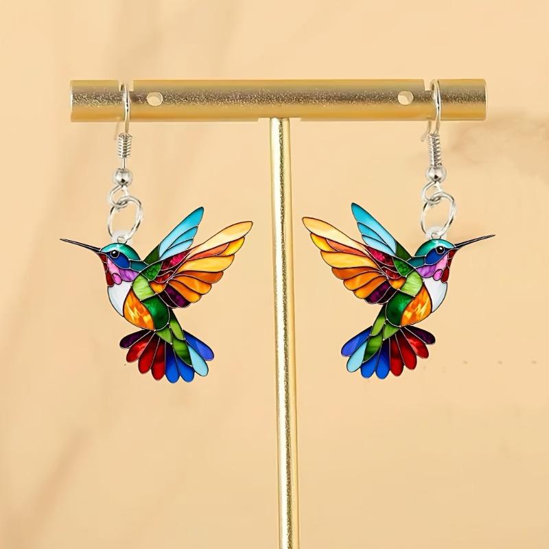1 Pair Acrylic Hummingbird Earrings, Colorful 2D Design, Featherless, Stainless Steel Hooks, Elegant Party Accessory Fashion Dangle Earrings for Women