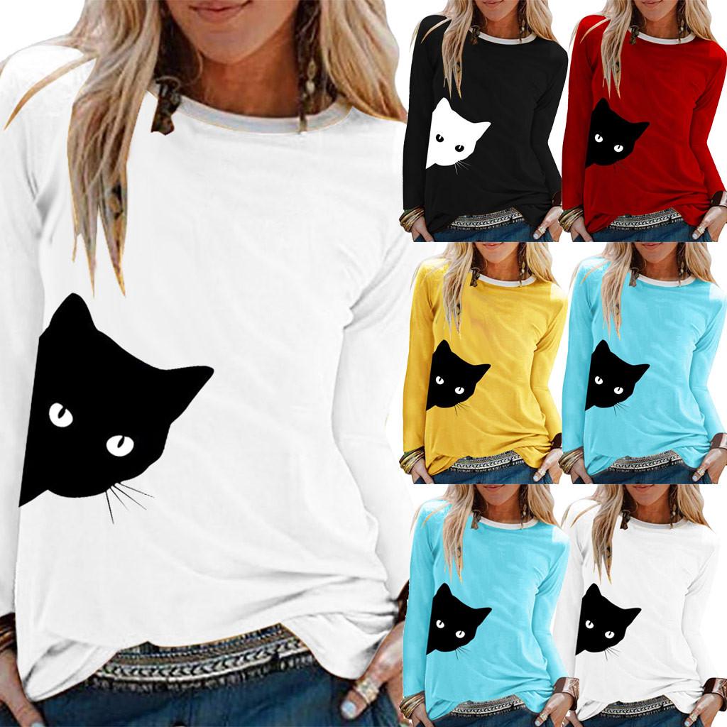 Womens Casual Cat Print Shirts Long Sleeve Top Loose T-Shirt Blouse