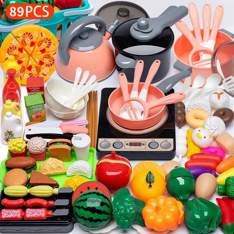 Cooking Toys Pink Kitchen Toy Set Girl Boy Toys Cut Fruit Vegetable Pizza Pretend Play Simulation Early Education Toys For Kids
