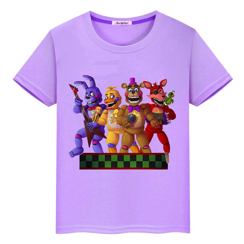 FNAF/летняя кавайная футболка из 100% хлопка, повседневные футболки с аниме для мальчиков y2k, цельные короткие топы с принтом медведя и кролика, детская одежда для девочек