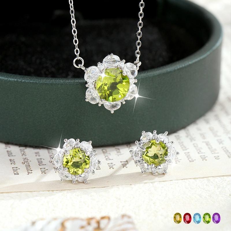 Natural Crystal Stone Jewelry Set S925 Sterling Silver Necklace Peridot Pendant Clavicle Chain
