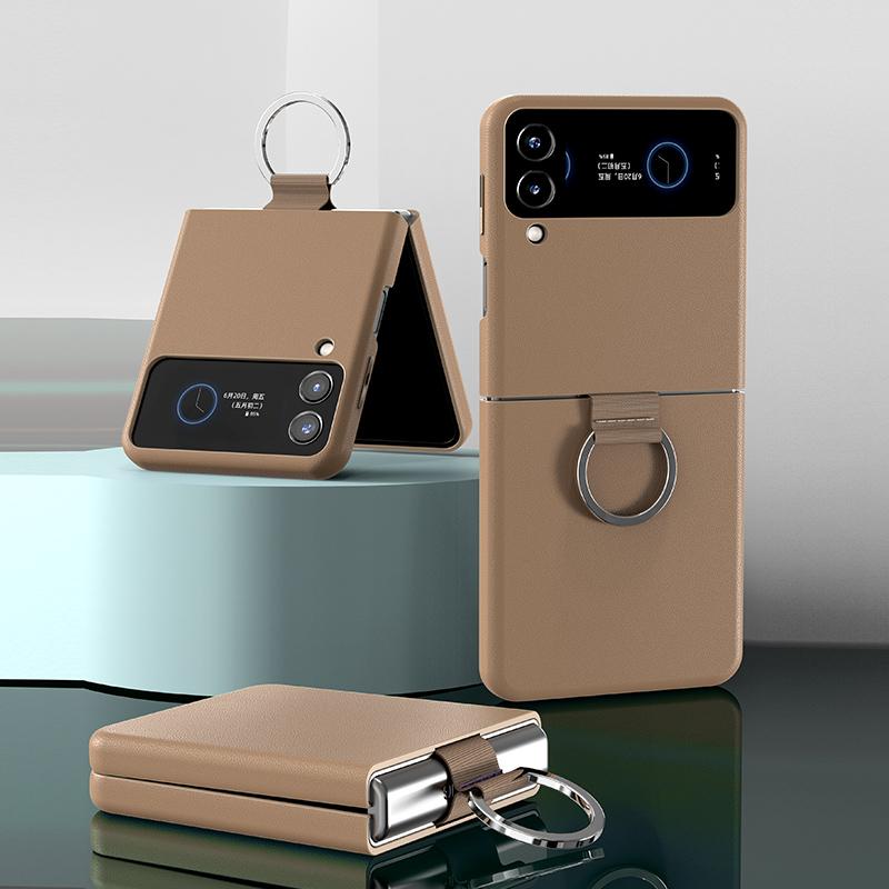 Genuine Cowhide Leather Phone Case for Samsung Galaxy Z Flip 3 Flip3 ZFlip3 Ring Lanyard Shockproof Separate Back Cover Shell