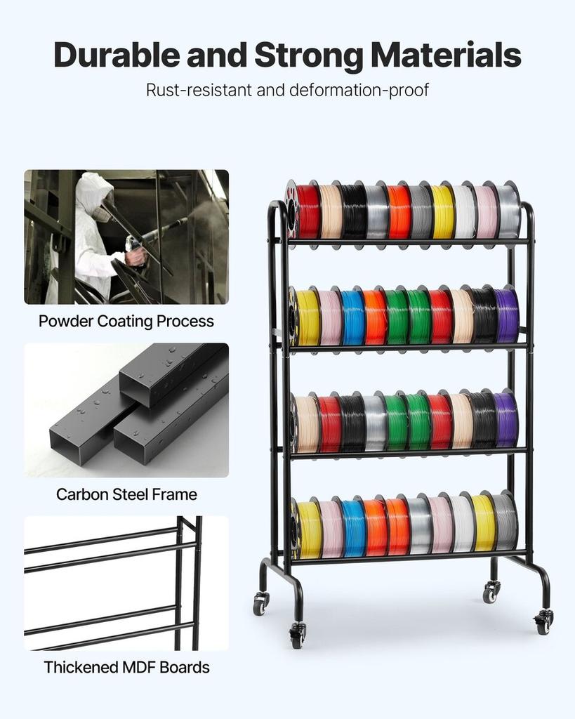 3D Printer Filament Storage Rack, 4 Tier Heavy Duty Storage Shelf, Rolling Filament Spool Holders Racks with Wheels, Filaments Organzied for 3D