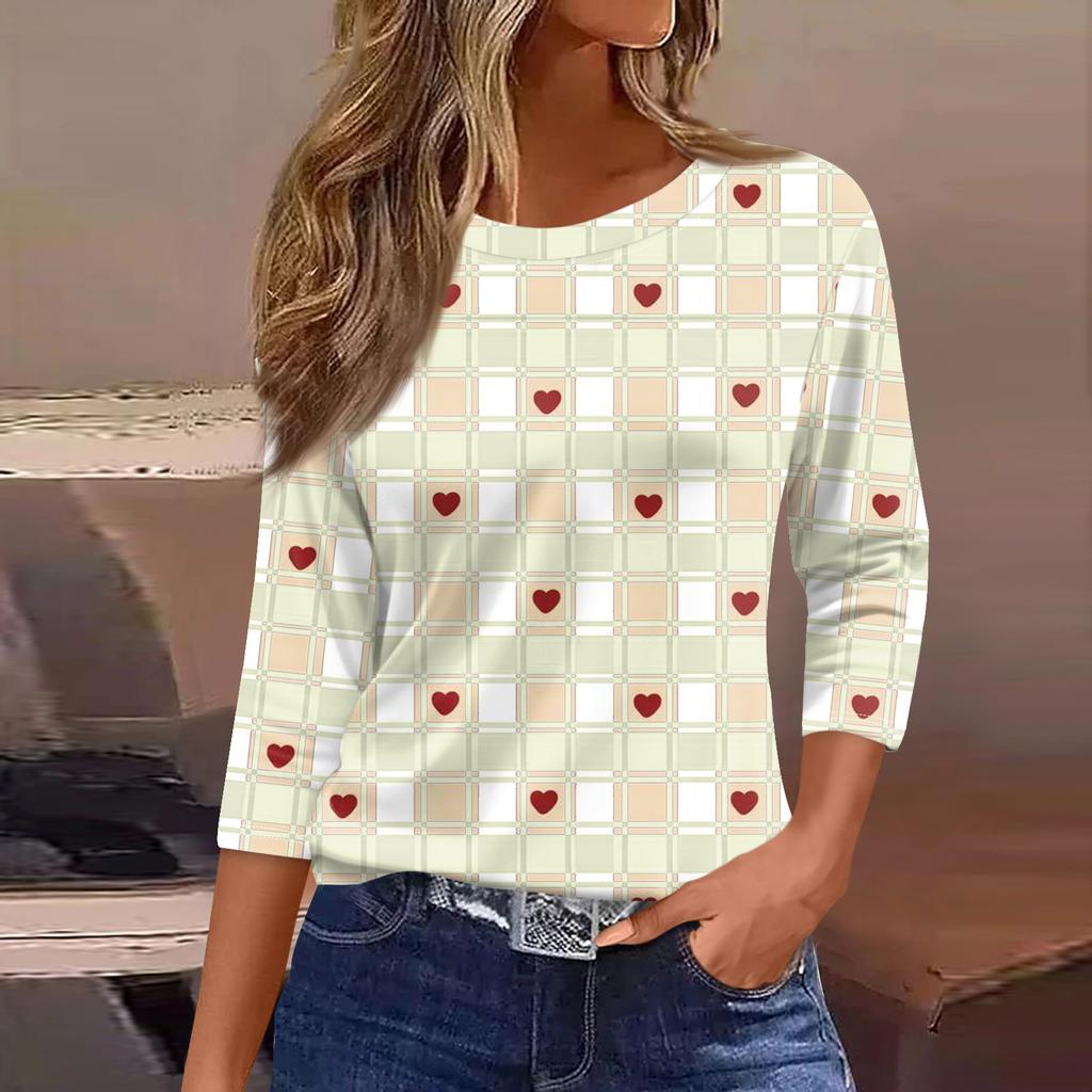 Women's Fashionable Casual Three Quarter Sleeve Printed Round Neck Top