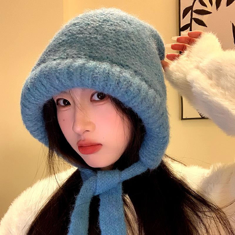 Wool Hat Women's Big Head Circumference Winter Cold Protection and Warm Ear Protection Knitted Cold Hat High-end Blue Pullover Bag Hat