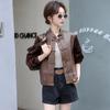 Splicing Women's Spring and Autumn Leather Jacket New Chinese Buckle Top Autumn Women's Casual Short Coat
