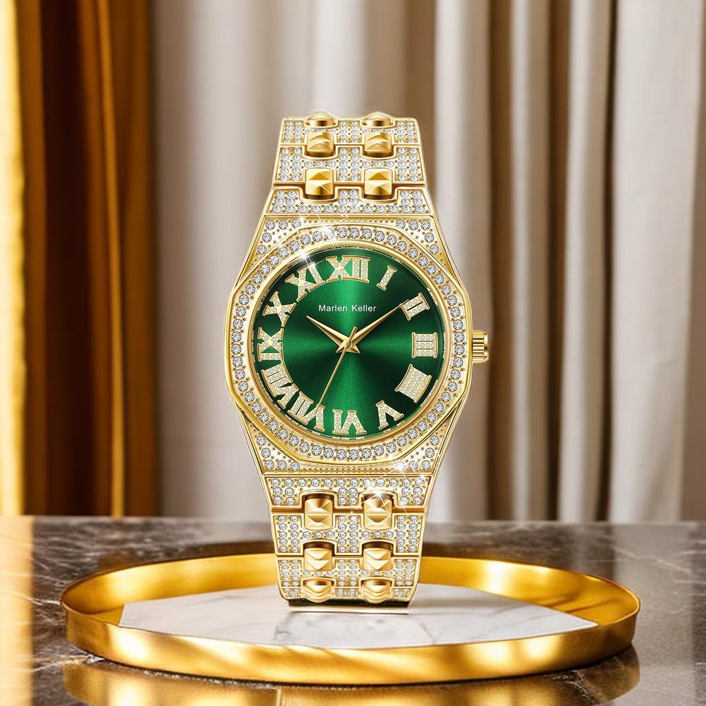 Men's Hip Hop Bling Diamond Watch, Quartz Movement Wristwatch with Roman Numerals Waterproof Zinc Alloy Watch