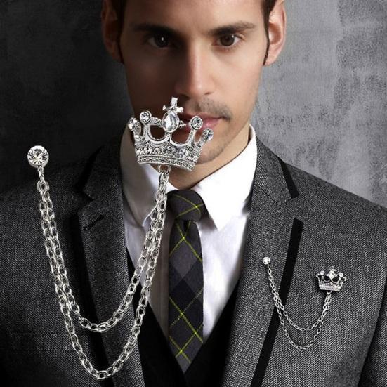 Men Retro Brooch English Style Crown Shape Rhinestone Tassel Decor Suit Coat Chest Decoration Formal Event Wedding Business Occasions Clothes Jewelry