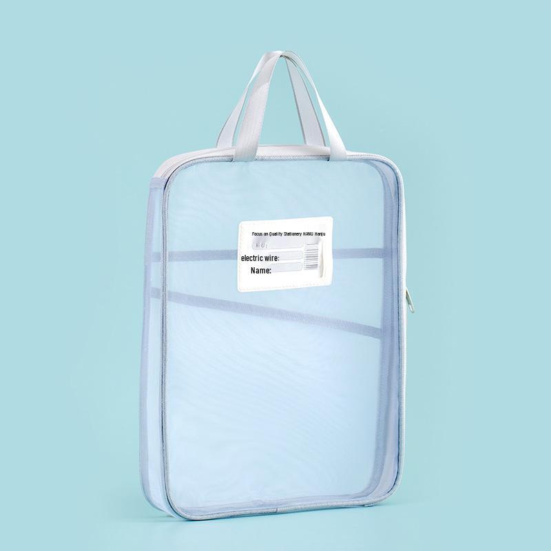 Korean Handheld L-Shaped Mesh Zipper File Bag - Large Opening for Student Book Carrying & Discipline Classification