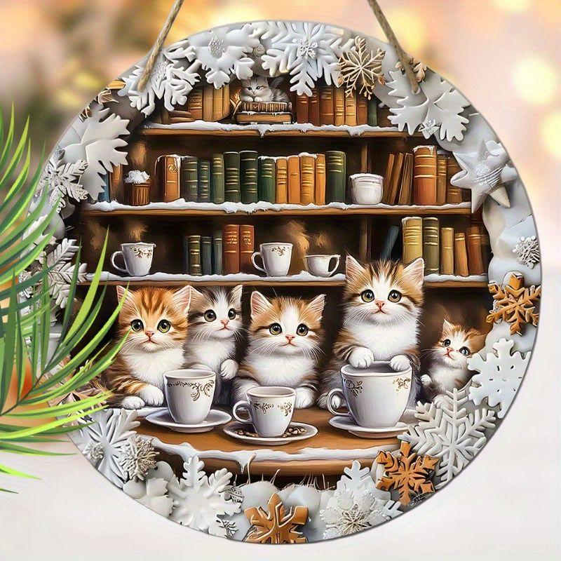 2D Flat Hanging Decorative Signs,interior Wall or Door Decoration,garden Dec,the Pattern Is Bookshelf and Cute Kitten,a Housewarming Gift for Friends