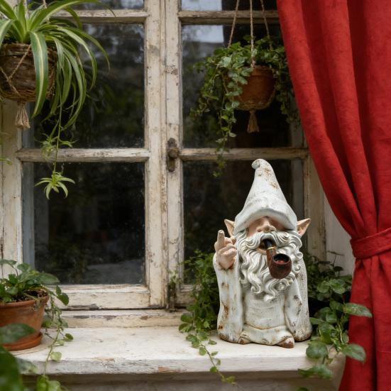 Статуэтка Гнома со Средним Пальцем и Дымом, Забавная Садовая Фигурка Волшебника-Гнома, Непослушная Смоляная Скульптура для Газона, Двора, Балкона, Крыльца, Патио, Декор для Дома