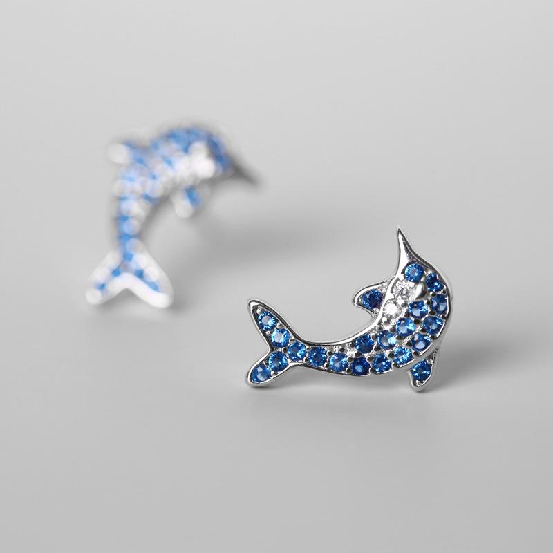 VENTFILLE 925 Sterling Silver New Design Blue Crystal Dolphin Stud Earrings For Women Fashionable Animal Shape All-Match Jewelry
